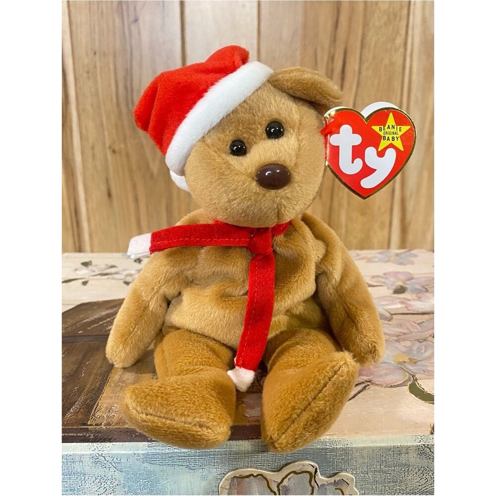 Ty Beanie Babies 1997 Teddy Brown Plush Bear Red Santa Hat Scarf Vtg Collectible